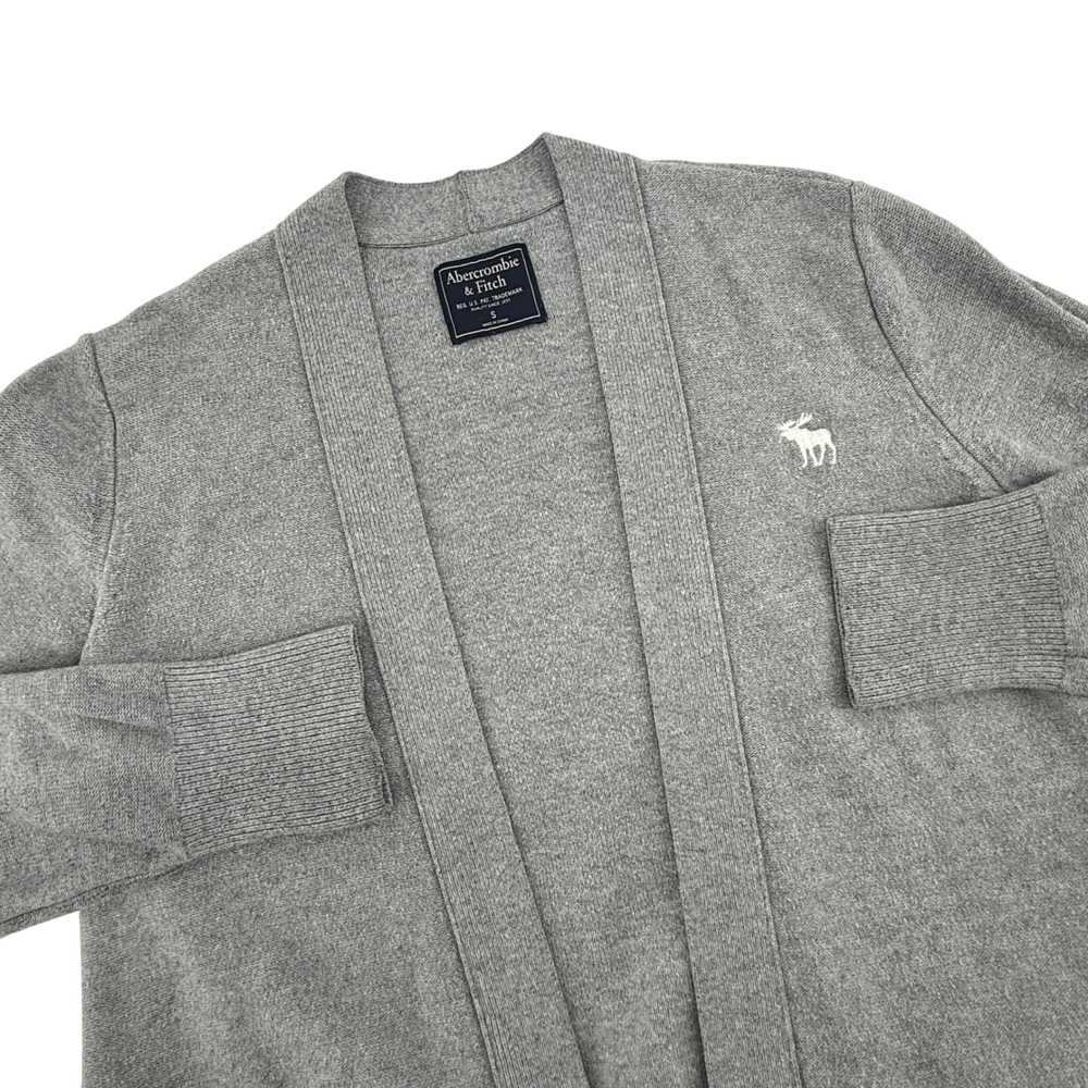 Abercrombie‎ Fitch Gray Knit Open Front Cardigan Sweater Small Embroidered Moose